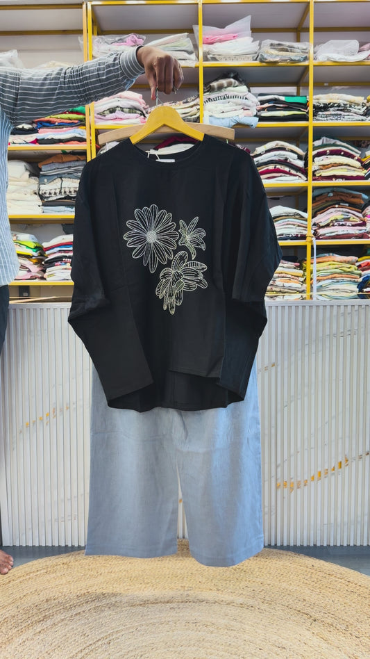 BLACK PREMIUM PRINT TOP WITH LINEN PANT SET