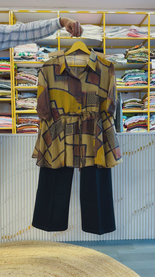 PRINTED LIGHT WEIGHT CRUSH SHIFFON TOP WITH BELL BOTTOM TROUSER  PANT SET