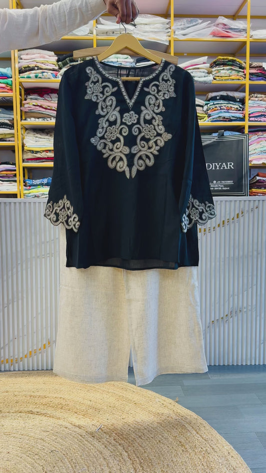 BLACK EMBROIDERY TUNIC  WITH LINEN PANT SET