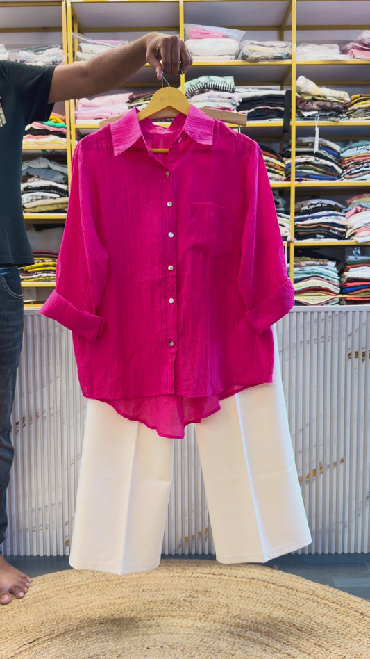 PINK MUL COTTON PLAIN SHIRT WITH BELL BOTTOM PANT SET