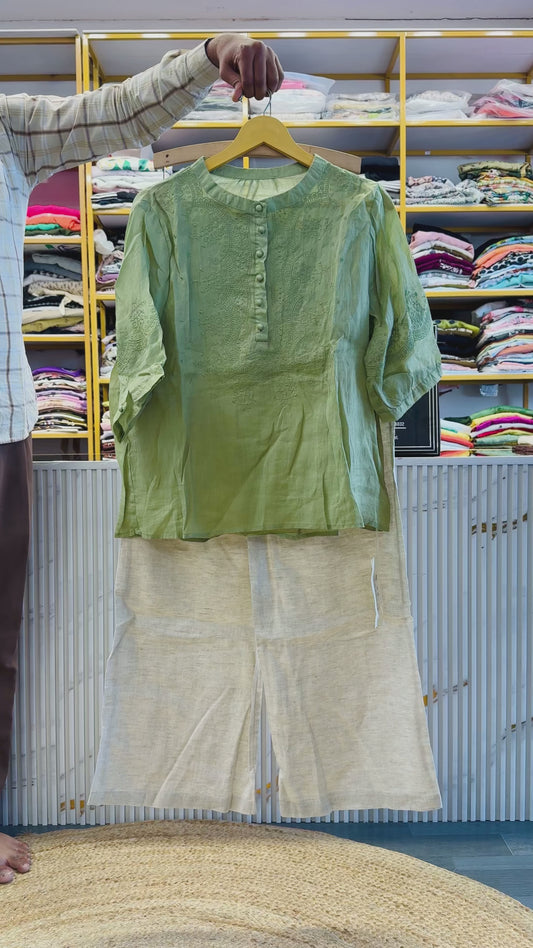 GREEN EMBROIDERY LINEN TOP WITH LINEN ELASTIC COMFORTABLE TROUSER PANT SET