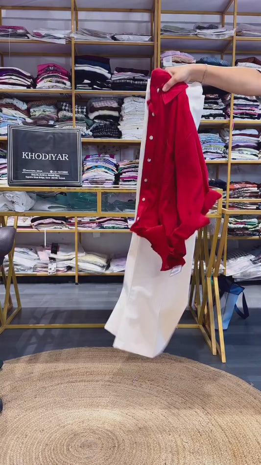 RED MUL COTTON PLAIN SHIRT  WITH BELL BOTTOM TROUSER SET