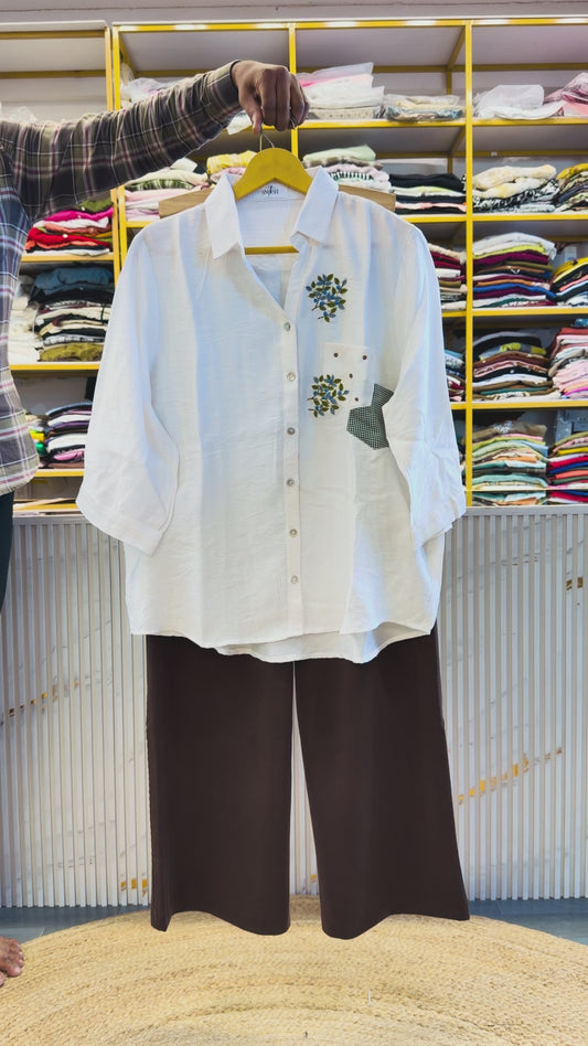 WHITE EMBROIDERYSHIRT WITH COMFORTABLE STRAIGHT PANT SET