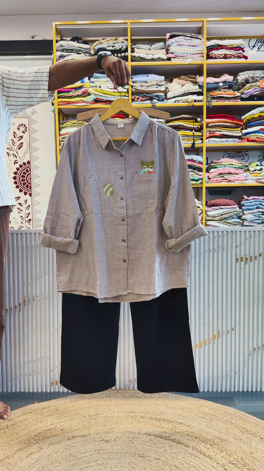 STRIPS EMBROIDERY MUL COTTON SHIRT WITH BLACK PREMIUM STRAIGHT PANT SE