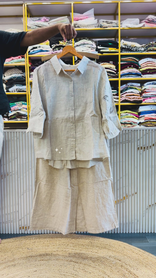 NATURAL LINEN PURE OFF WHITE SHADE CUTWORK EMBROIDERY COORD SET