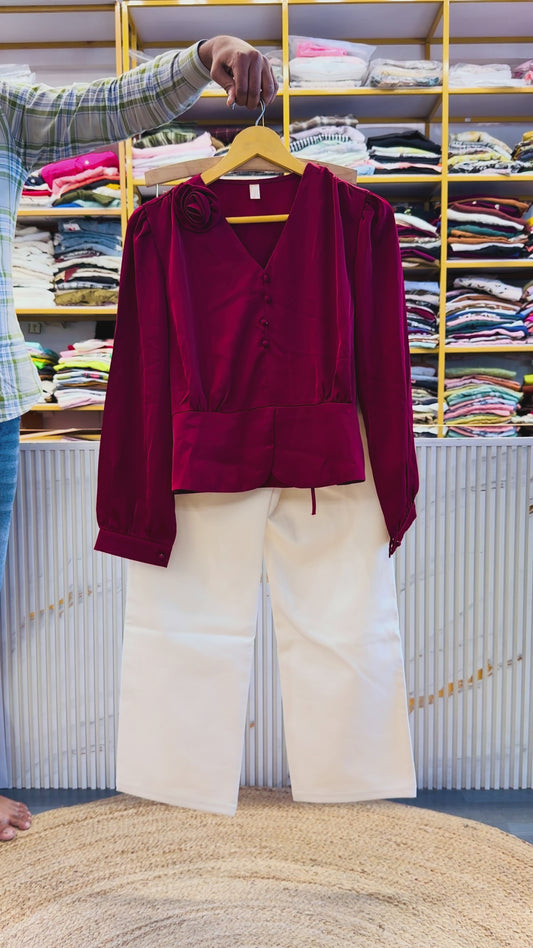 RED SATIN PARTY WEAR TOP  WITH STRAIGHT STRETCHABLE TROUSER PANT SET