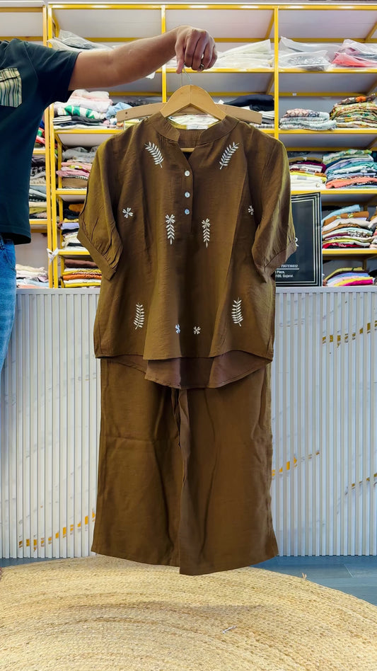 LIGHT BROWN  EMBROIDERY COORD SET