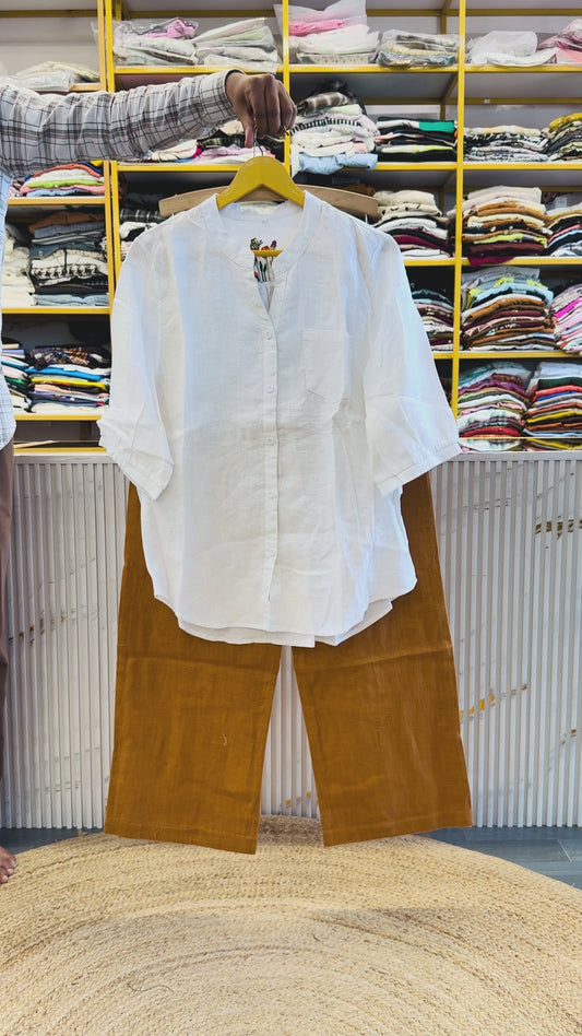 WHITE BACK EMBROIDERY LINEN TOP WITH LINEN STRAIGHT PANT SET