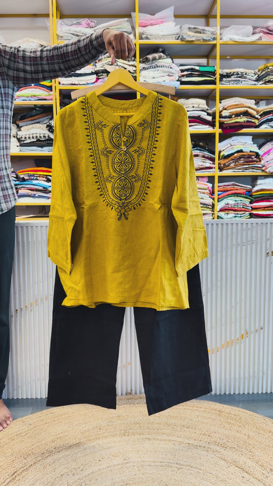 MASTARD YELLOW  LINEN TUNIC WITH LINEN STRAIGHT PANT SET