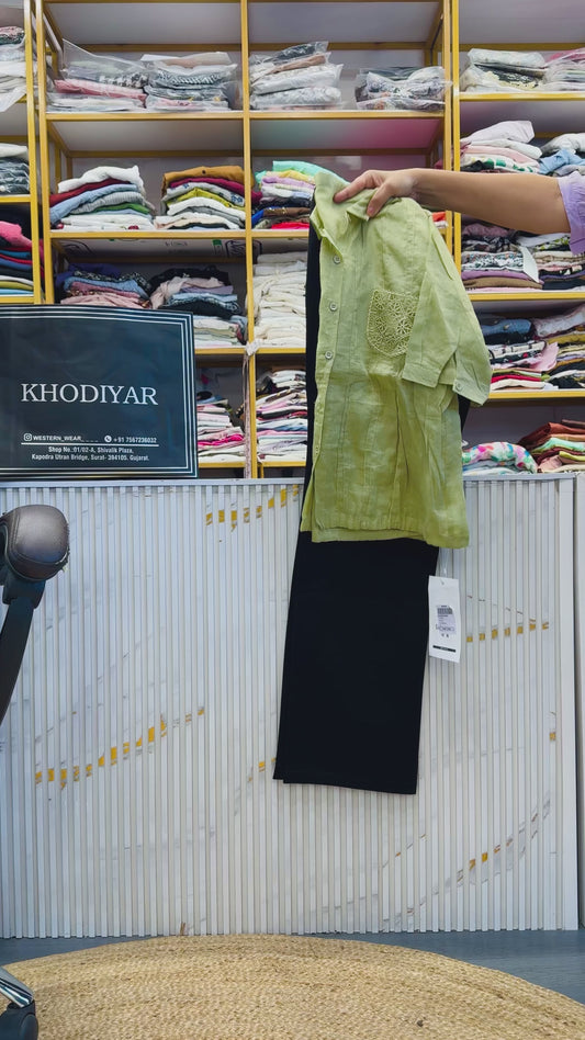 LINEN POCKET SHIRT TOP WITH BELL BOTTOM STRETCHABLE TROUSER PANT SET