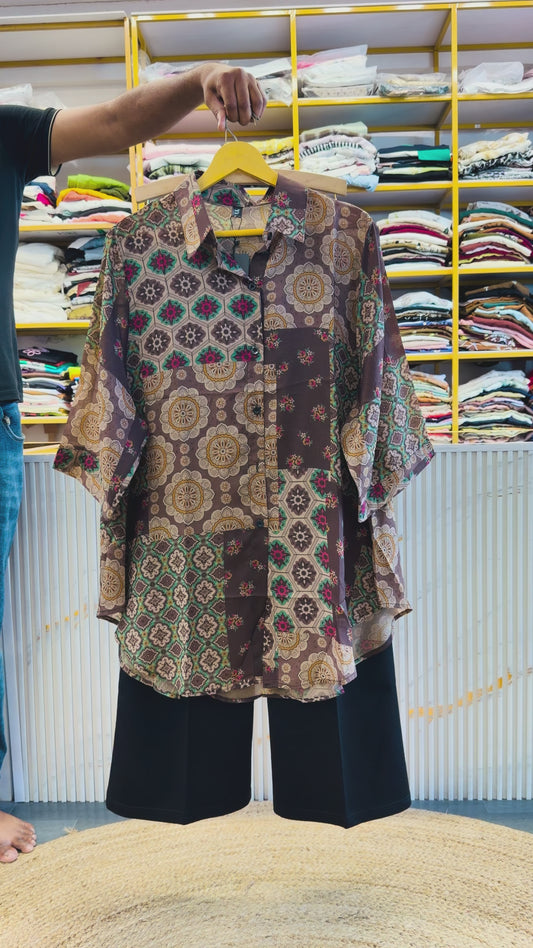 PRINTED  LONG SHIRT  WITH BELL BOTTOM PANT SET