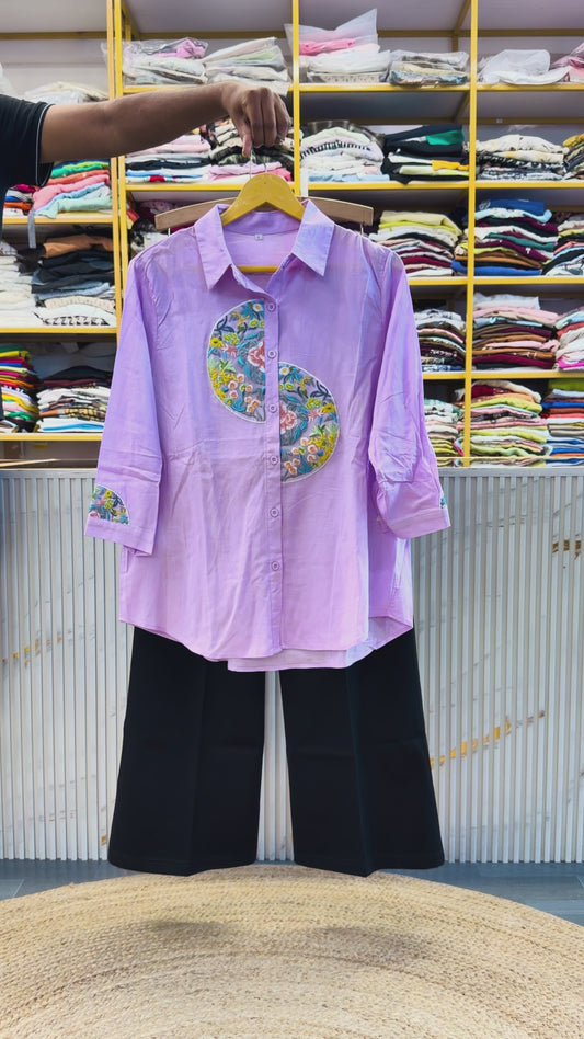 EMBROIDERY COTTON SHIRT WITH BELL BOTTOM PANT SET