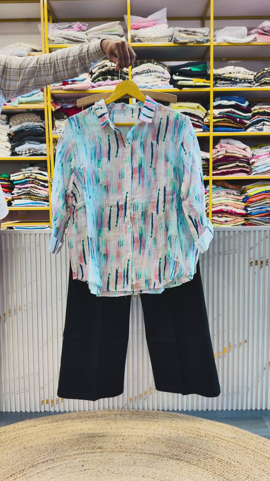 PRINT LINEN SHIRT  WITH BELL BOTTOM TROUSER PANT SET