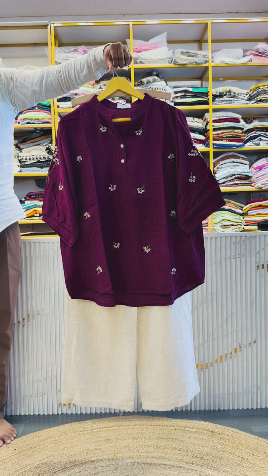 WINE EMBROIDERY CASUAL TOP  WITH LINEN PANT SET