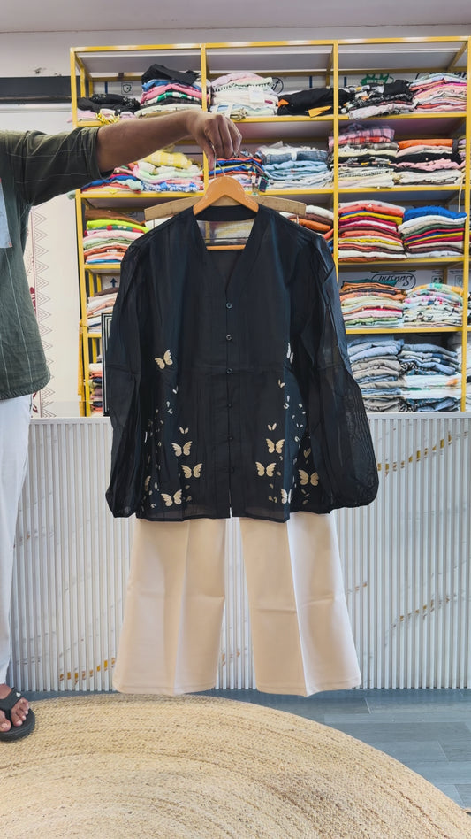 BUTTERFLY EMBROIDERY TISSUE FABRIC TOP  WITH BELL BOTTOM TROUSER PANT SET
