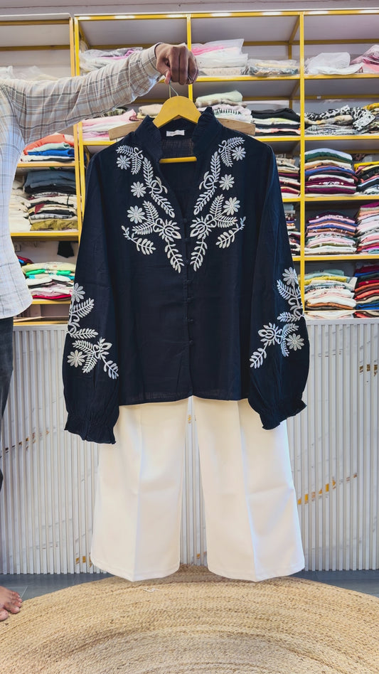 NAVY BLUE EMBROIDERY COTTON TOP WITH BELL BOTTOM PANT SET