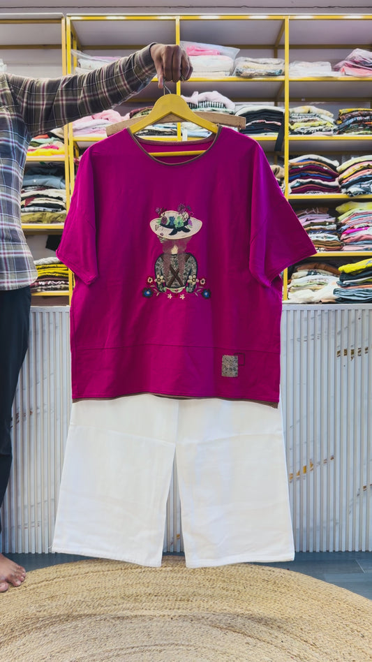 PINK EMBROIDERY COTTON TOP WITH DENIM WHITE STRAIGHT PANT SET
