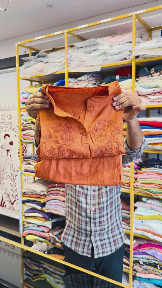 RUST EMBROIDERY PURE LINEN COORD SET