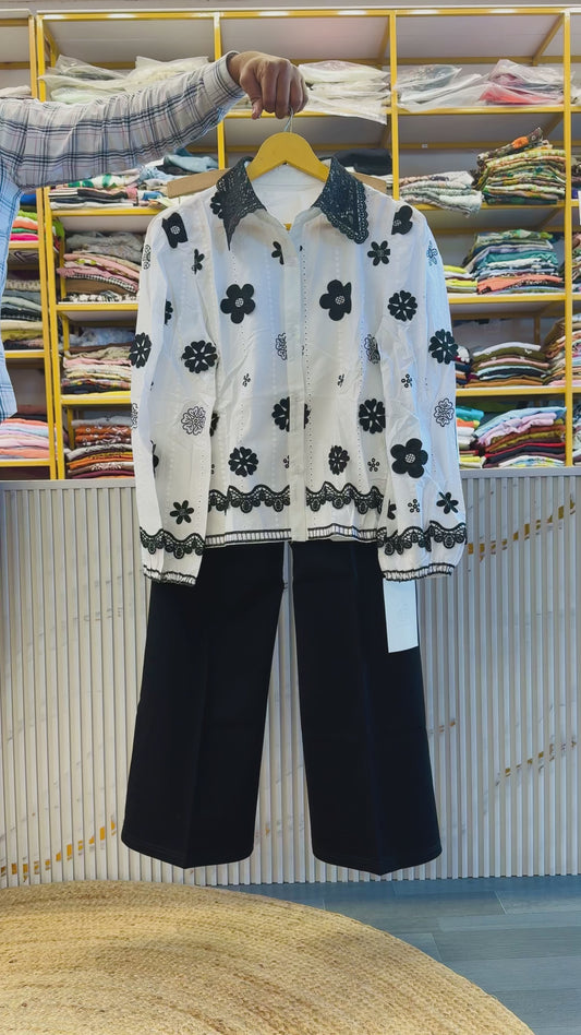 WHITE 3D FLOWER EMBROIDERY TOP WITH BELL BOTTOM TROUSER  PANT SET