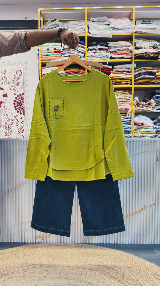 GREEN EMBROIDERY SOFT MUL COTTON TOP  WITH IMPORTED SOFT DENIM PANT SET