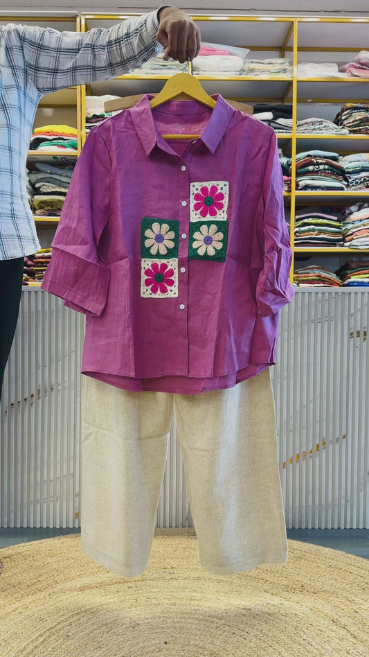 ONION PINK LINEN CROCHET SHIRT WITH LINEN PANT SET