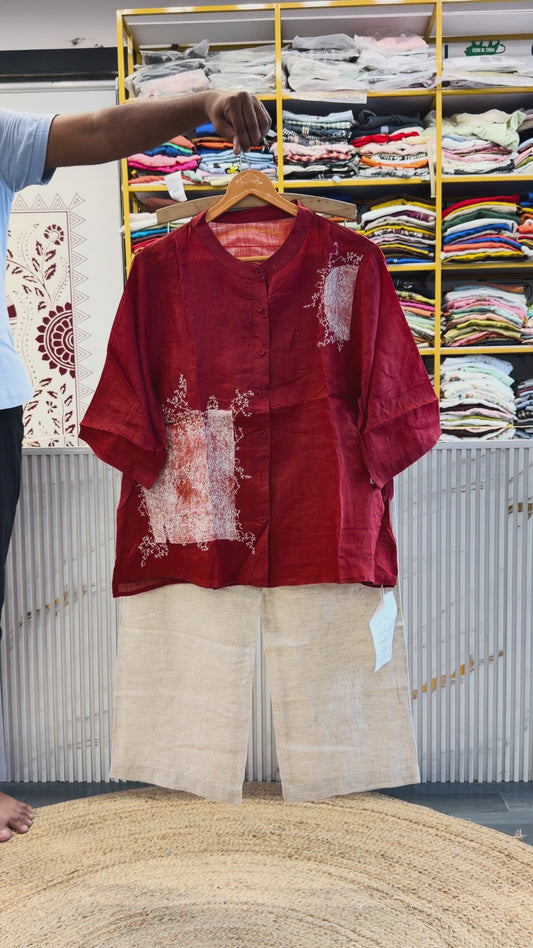 LINEN EMBROIDERY SHIRT WITH LINEN STRAIGHT PANT SET