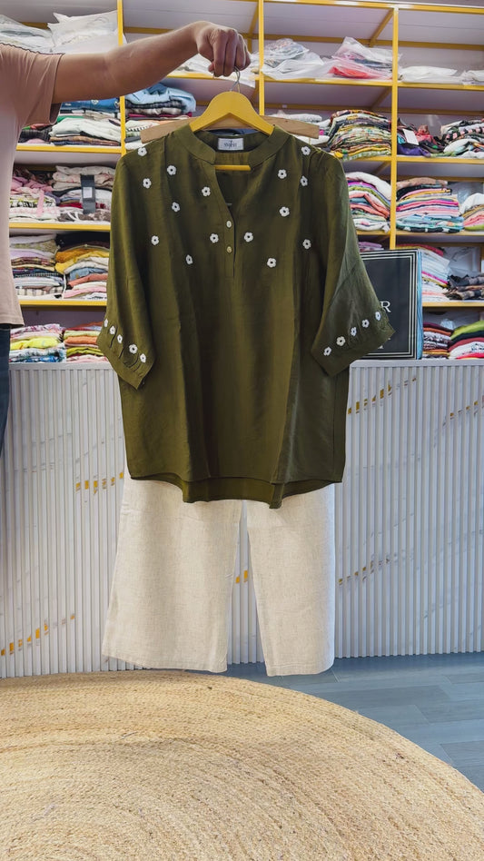 CASUAL MEHNDI GREEN EMBROIDERY TOP WITH LINEN PANT SET