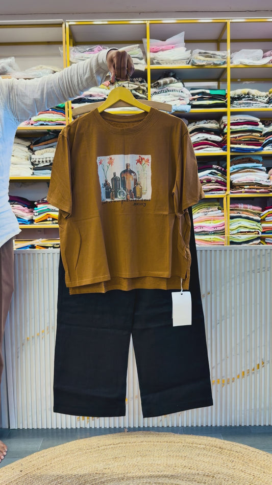 LIGHT BROWN CASUAL TSHIRT WITH LINEN STRAIGHT PANT SET