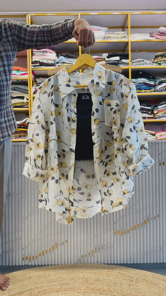 SHIFFON PRINTED SHIRT SOAGHETTI WITH COTTON SHORTS SET