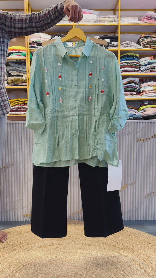 SEA GREEN LINEN EMBROIDERY TOP  WITH BELL BOTTOM TROUSER PANT SET