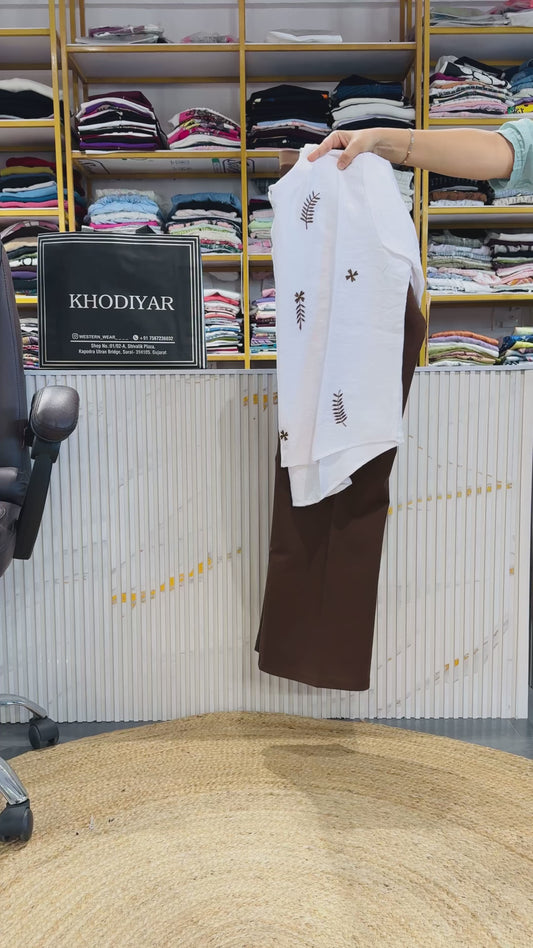 WHITE EMBROIDERY TOP WITH BELL BOTTOM TROUSER PANT SET