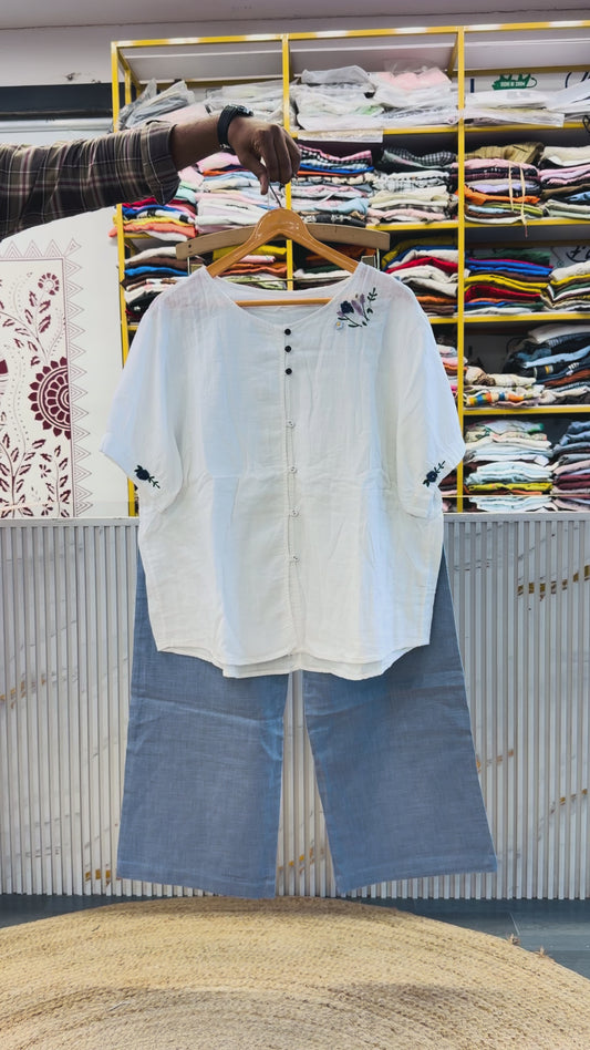 MUL COTTON EMBROIDERY SHIRT WITH LINEN STRAIGHT PANT SET