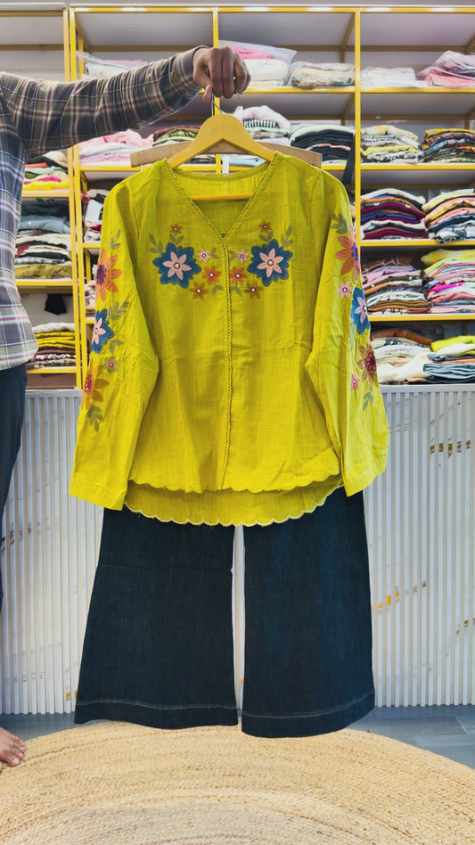 COTTON EMBROIDERY TOP WITH IMPORTED SOFT DENIM PANT SET