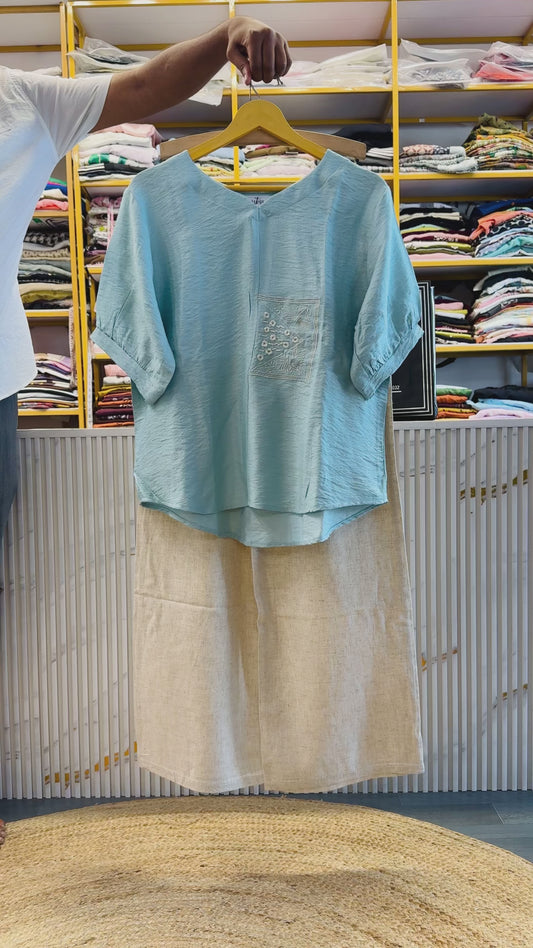 SKY BLUE EMBROIDERY CASUAL TOP  WITH LINEN PANT SET