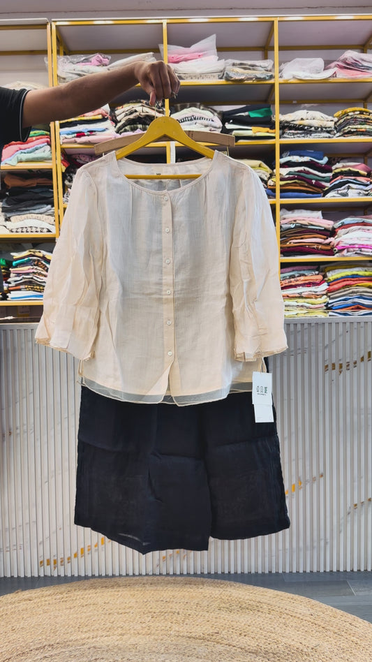 OFF WHITE PLAIN LINE TOP WITH BOTTOM EMBROIDERY NAVY SHADE LINEN PANT SET