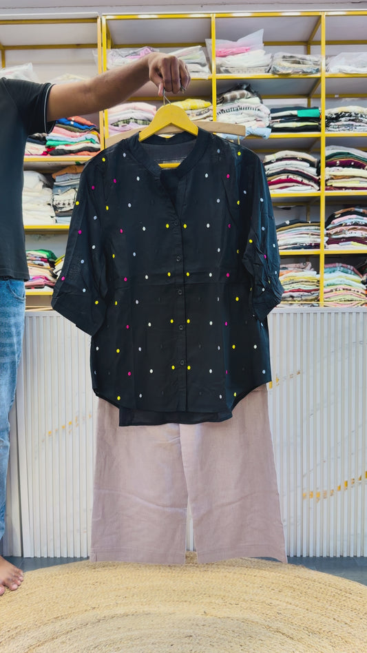 BLACK EMBROIDERY CASUAL TOP  WITH LINEN PANT SET
