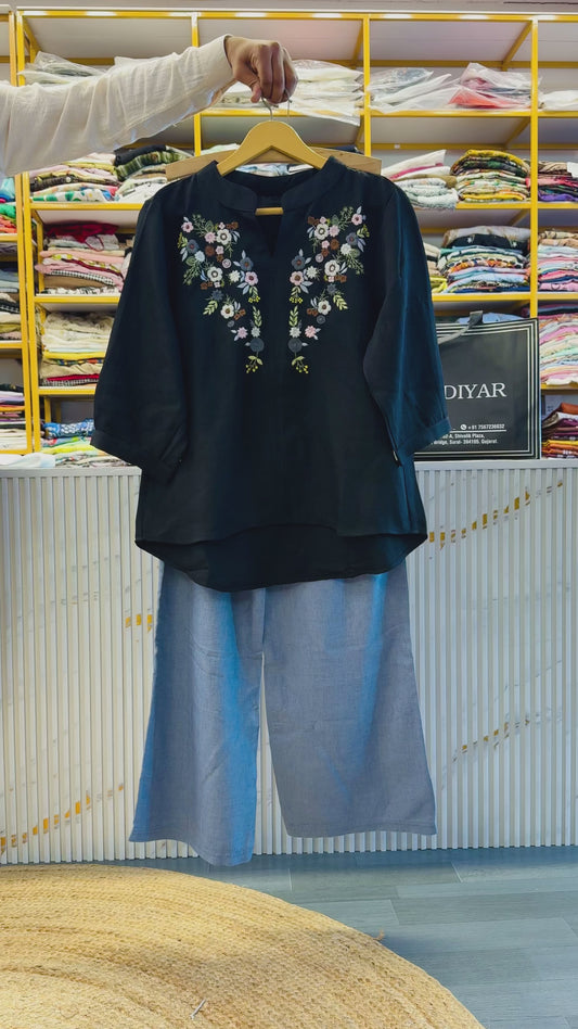 BLACK EMBROIDERY CASUAL TOP WITH LINEN PANT SET