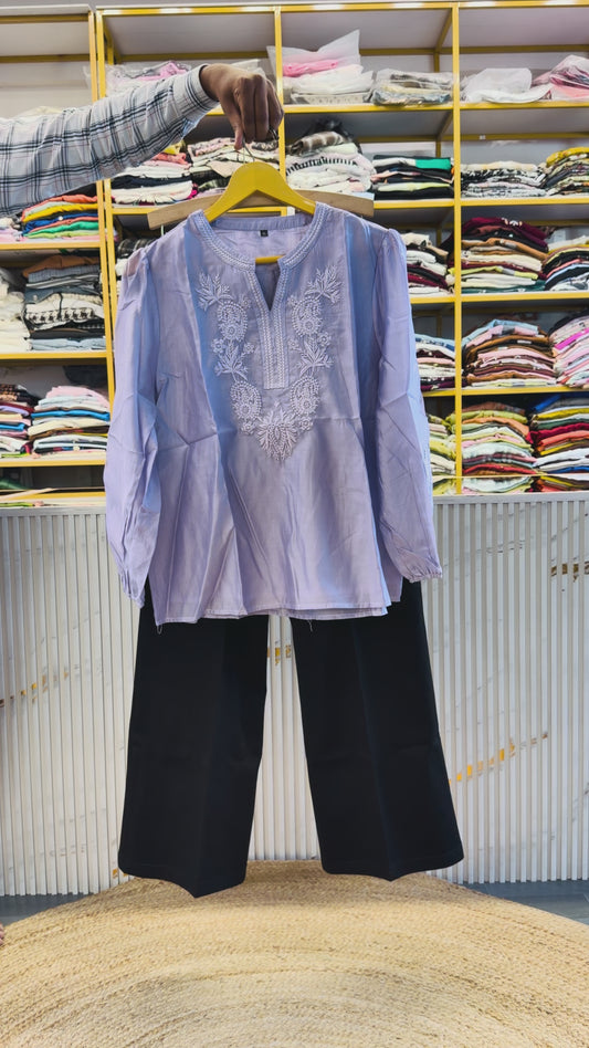 PURPLE PREMIUM EMBROIDERY TOP  WITH BELL BOTTOM PANT SET