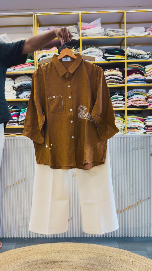 RUST  EMBROIDERY SHIRT WITH BELL BOTTOM PANT SET