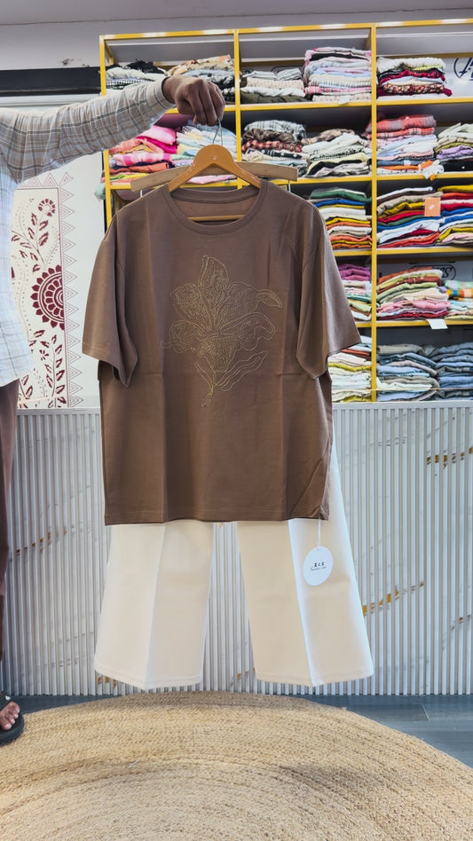 CASUAL LIGHT BROWN EMBROIDERY TSHIRT WITH BELL BOTTOM PANT SET