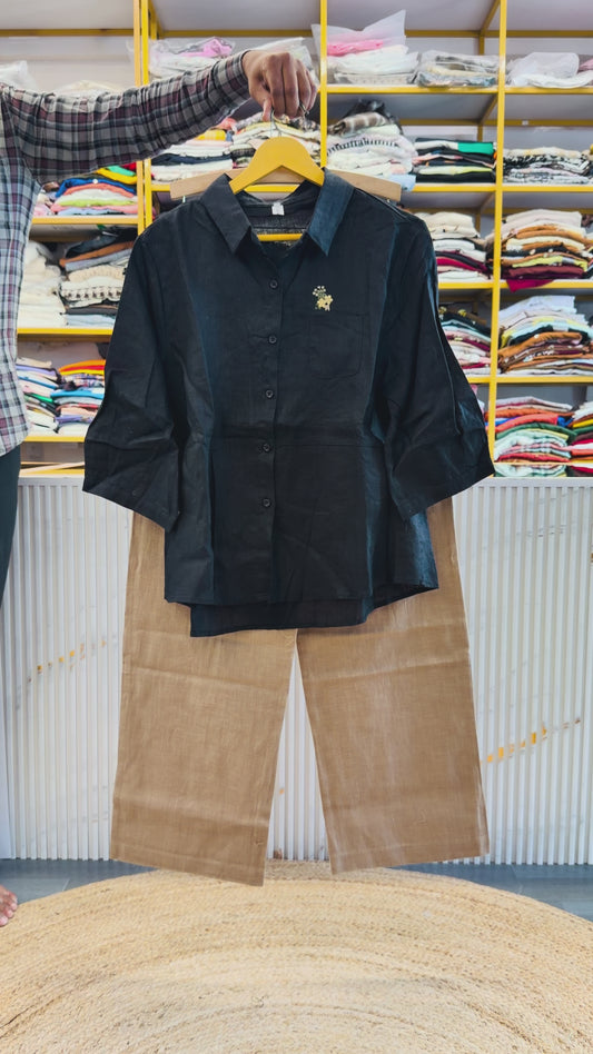 BLACK POCKET EMBROIDERY LINEN SHIRT WITH LINEN STRAIGHT PANT SET