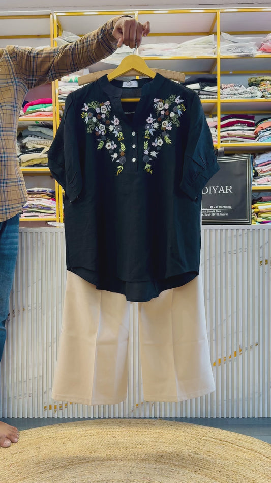 BLACK EMBROIDERY TOP WITH BELL BOTTOM STRETCHABLE TROUSER PANT SET