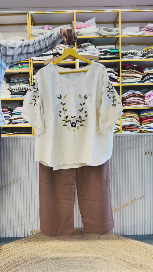 OFF WHITE EMBROIDERY CASUAL TOP  WITH LINEN PANT SET