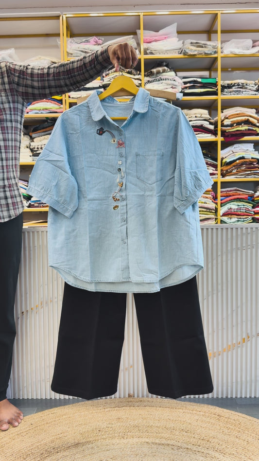 SOFT DENIM EMBROIDERY SHIRT WITH BELL BOTTOM PANT SET