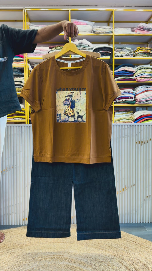 RUST PRINT CASUAL TSHIRT WITH IMPORTED SOFT DENIM PANT SET