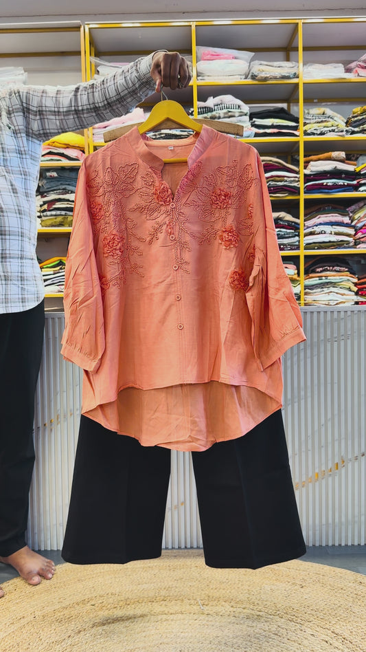 ORANGE EMBROIDERY TOP WITH BELL BOTTOM PANT SET