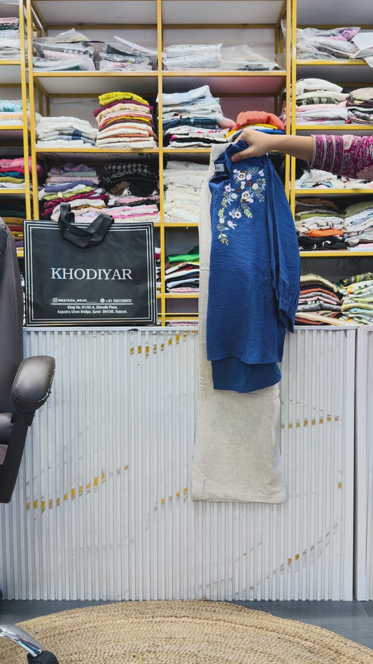 LIGHT BLUE EMBROIDERY CASUAL TOP  WITH LINEN PANT SET