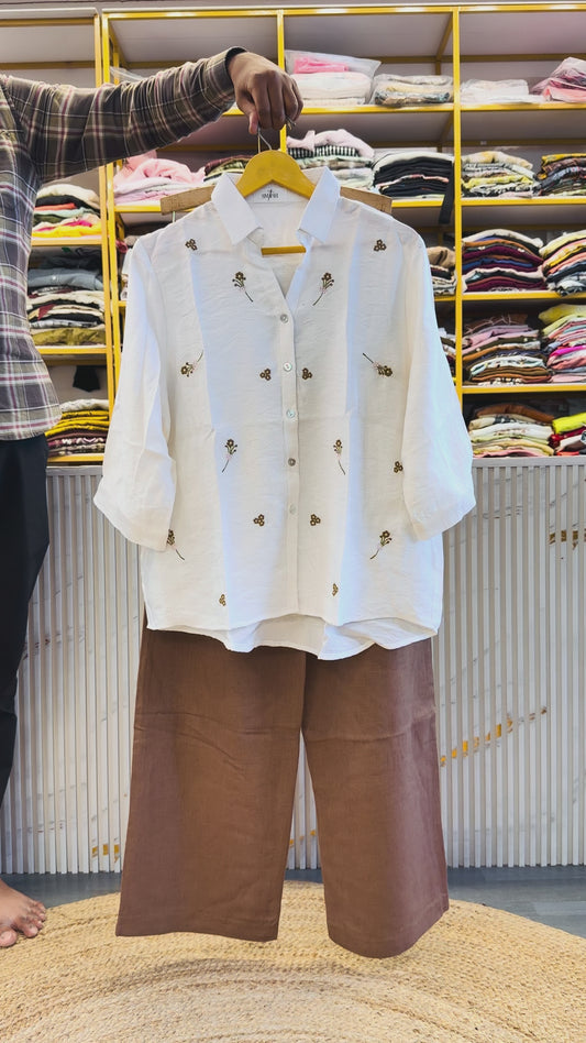 WHITE  EMBROIDERY SHIRT WITH LINEN PANT SET