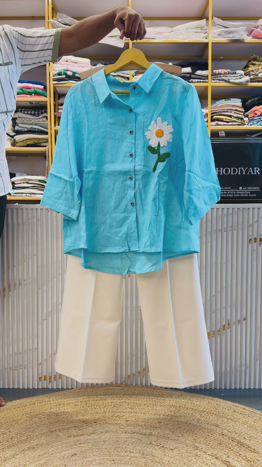 SUN FLOWER SKY BLUE LINEN SHIRT WITH BELL BOTTOM STRETCHABLE TROUSER PANT SET