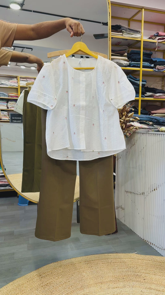 FLOWER EMBROIDERY WHITE TOP WITH BELL BOTTOM TROUSER PANT SET